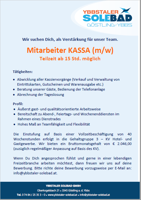Stellenausschreibung Kassa 19.05.23